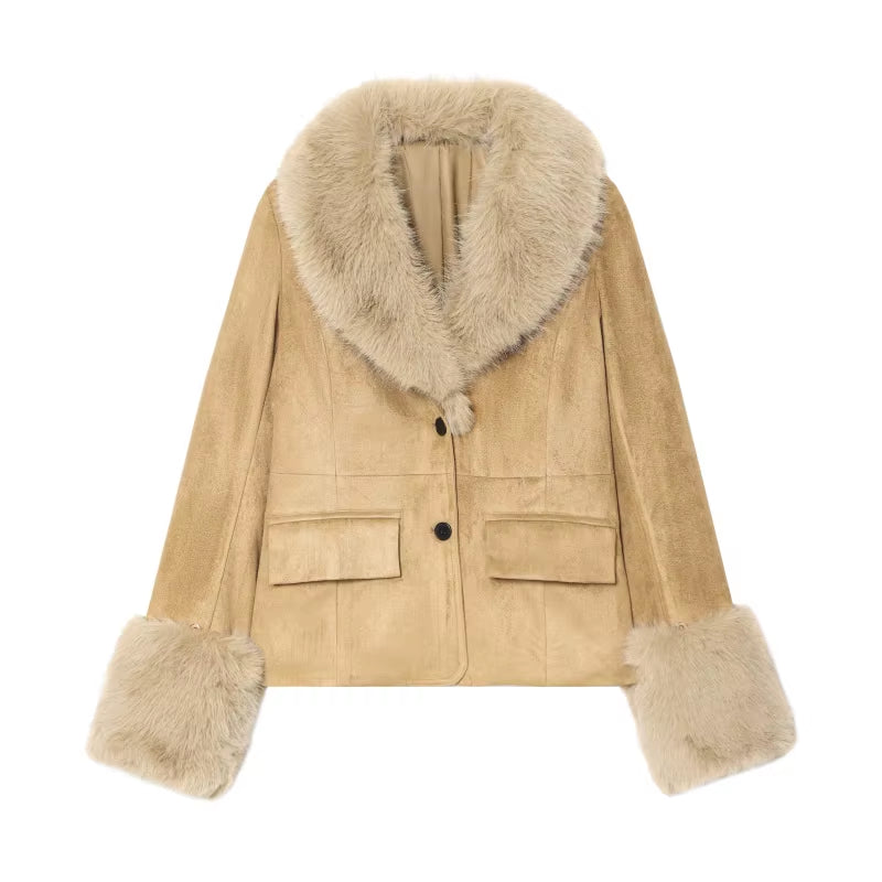 2025 New Winter Women'S Wear Fashion Removable Faux Fur Effect Lapel Suede Texture Casual Suit Jacket