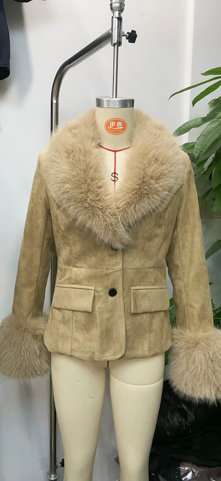 2025 New Winter Women'S Wear Fashion Removable Faux Fur Effect Lapel Suede Texture Casual Suit Jacket