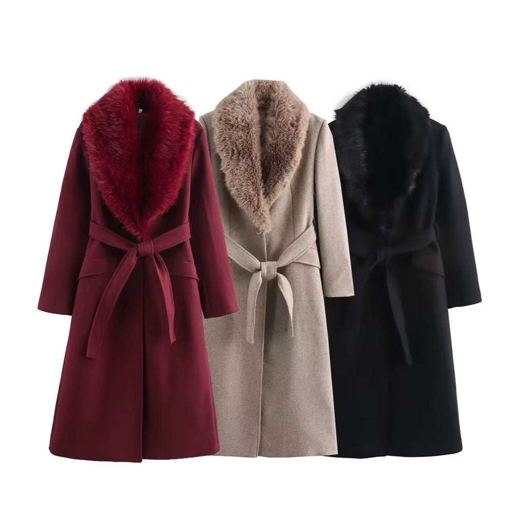 Women'S Lapel Single Breasted Fur Collar Coat Jacket Belt Decoration Autumn and Winter New Women'S Clothing