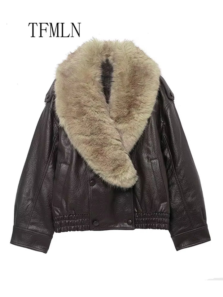 TFMLN 2025 Winter Women Loose Faux Leather Jacket Fashion Removed Big Fur Collar Causal Coat High Street Double Breasted Outwear