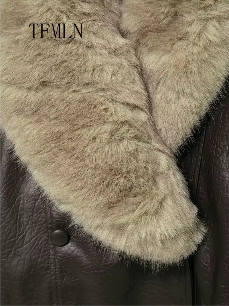 TFMLN 2025 Winter Women Loose Faux Leather Jacket Fashion Removed Big Fur Collar Causal Coat High Street Double Breasted Outwear