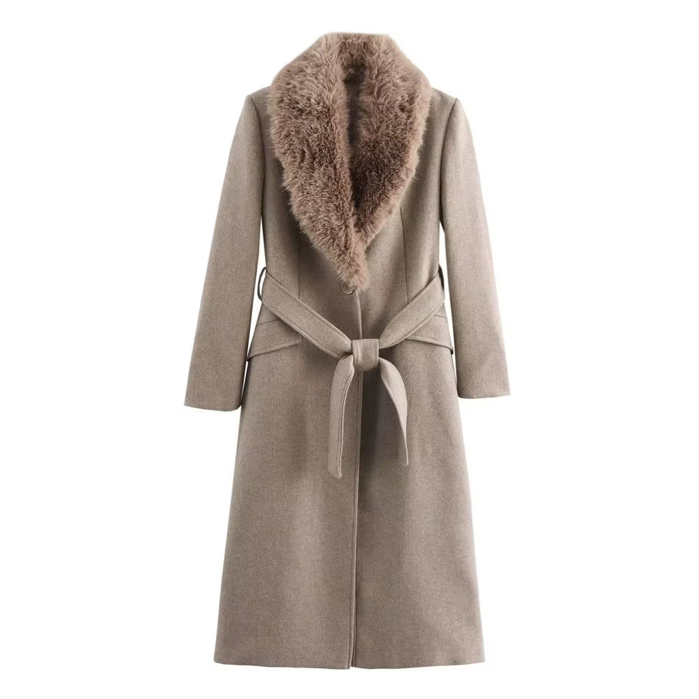Women'S Lapel Single Breasted Fur Collar Coat Jacket Belt Decoration Autumn and Winter New Women'S Clothing