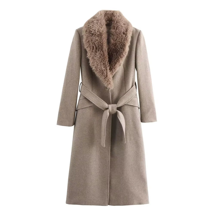 Women'S Lapel Single Breasted Fur Collar Coat Jacket Belt Decoration Autumn and Winter New Women'S Clothing