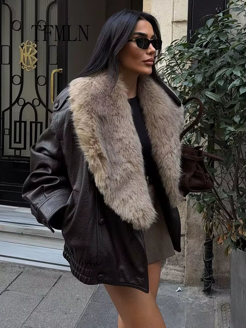 TFMLN 2025 Winter Women Loose Faux Leather Jacket Fashion Removed Big Fur Collar Causal Coat High Street Double Breasted Outwear