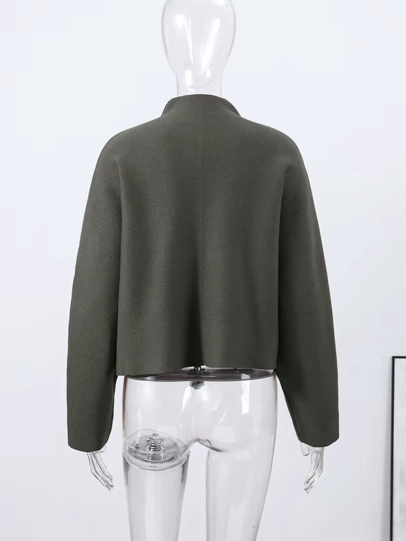 Y2K Stand Collar Zipper Knitted Bomber Jacket Women Elegant Long Sleeve Coat Female High Street Chic 2026 Spring Lady Outerwear