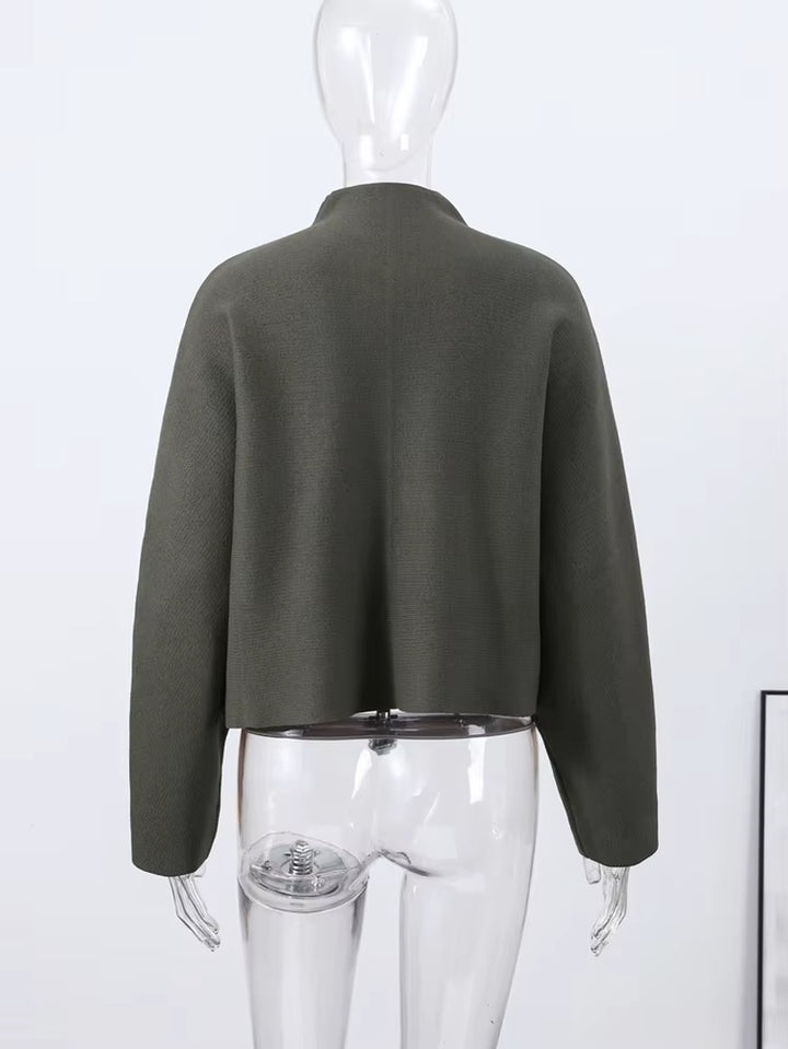 Y2K Stand Collar Zipper Knitted Bomber Jacket Women Elegant Long Sleeve Coat Female High Street Chic 2026 Spring Lady Outerwear