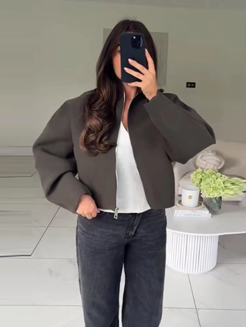 Y2K Stand Collar Zipper Knitted Bomber Jacket Women Elegant Long Sleeve Coat Female High Street Chic 2026 Spring Lady Outerwear