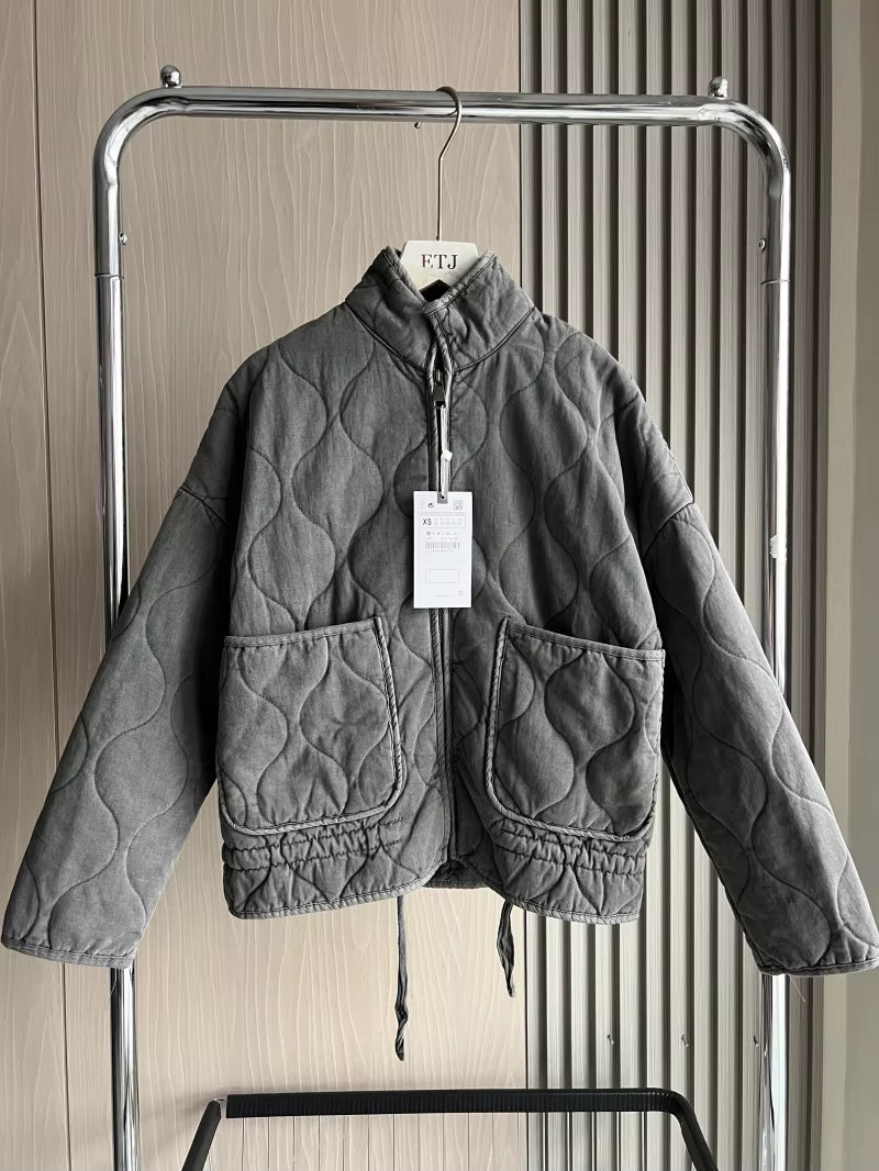 ZW Women'S Cotton Jacket 2025 New Arrival Vintage Lenzing Rayon High Collar Large Pocket Decorative Quilted Coat for Women
