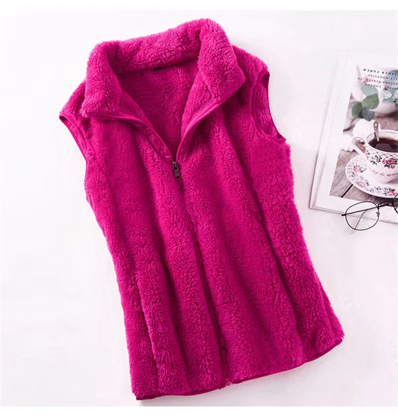 2023 Autumn Winter Polar Fleece Vest Women Coat High Collar Zipper Sleeveless Jacket Warm Coral Velvet Vest Female Waistcoat 4XL