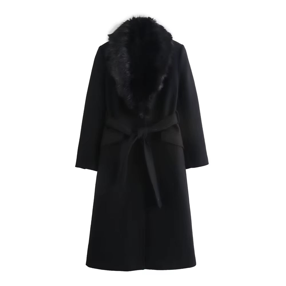 Women'S Lapel Single Breasted Fur Collar Coat Jacket Belt Decoration Autumn and Winter New Women'S Clothing