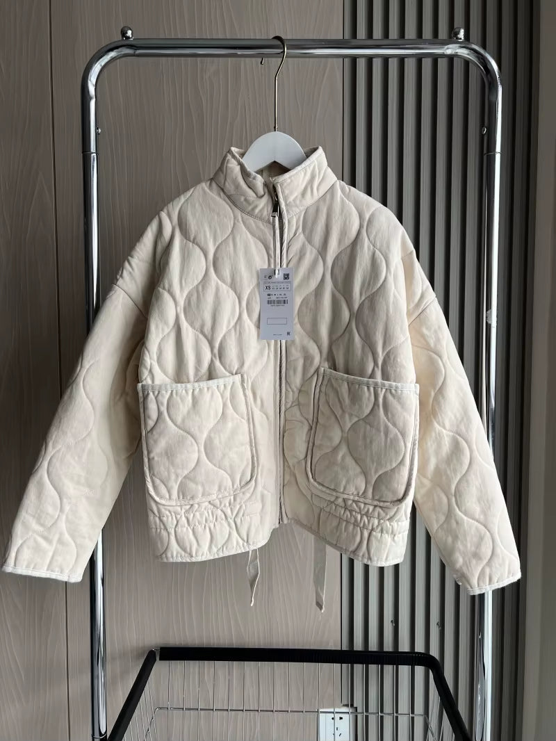 ZW Women'S Cotton Jacket 2025 New Arrival Vintage Lenzing Rayon High Collar Large Pocket Decorative Quilted Coat for Women