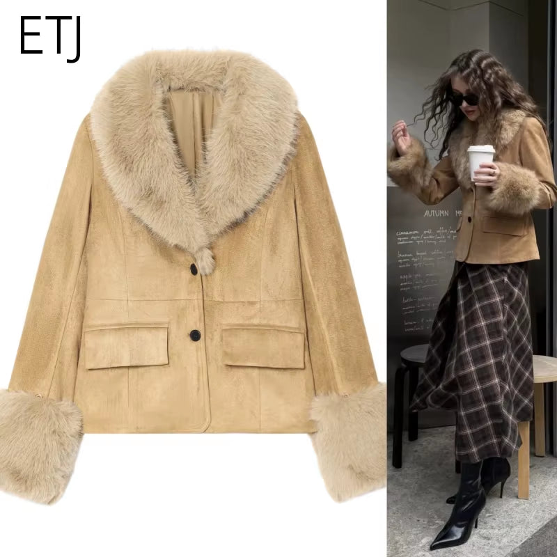 2025 New Winter Women'S Wear Fashion Removable Faux Fur Effect Lapel Suede Texture Casual Suit Jacket