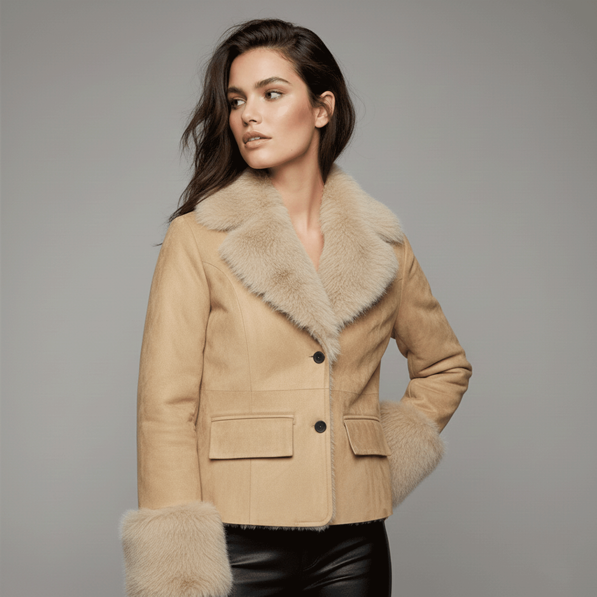 Chaqueta de Antelina Beige con Pelo