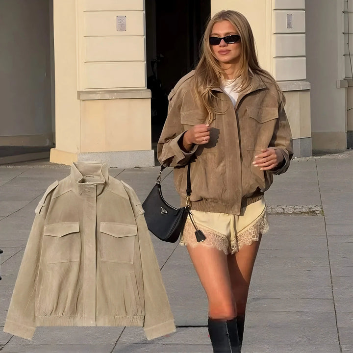 Chic Suede Women Bomber Jacket Women Long Sleeve Pockets Straight Loose Coat Fashion 2025 Fall Winter Streetwear Outwear