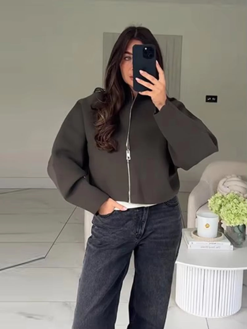 Y2K Stand Collar Zipper Knitted Bomber Jacket Women Elegant Long Sleeve Coat Female High Street Chic 2026 Spring Lady Outerwear