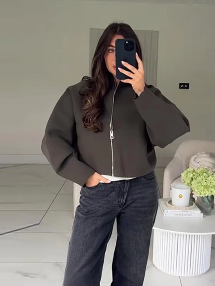 Y2K Stand Collar Zipper Knitted Bomber Jacket Women Elegant Long Sleeve Coat Female High Street Chic 2026 Spring Lady Outerwear