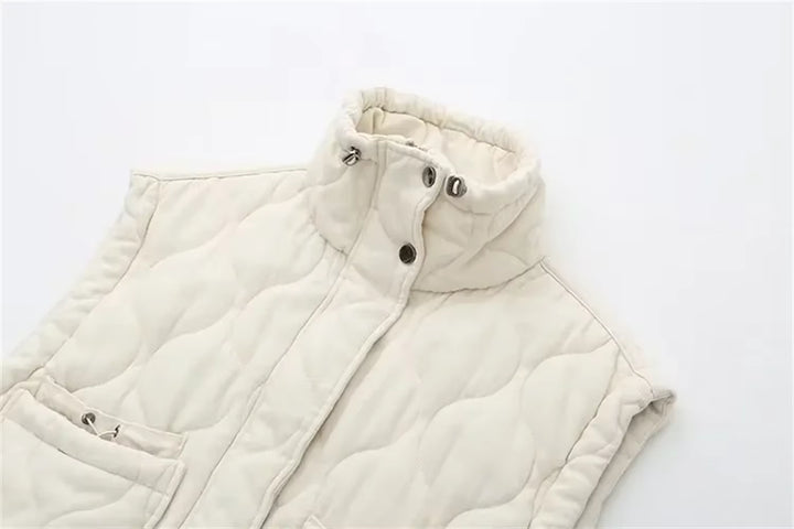 New Women'S Versatile Sleeveless Stand up Collar Pocket Decoration Vest Cotton Vest Loose Shoulder Jacket
