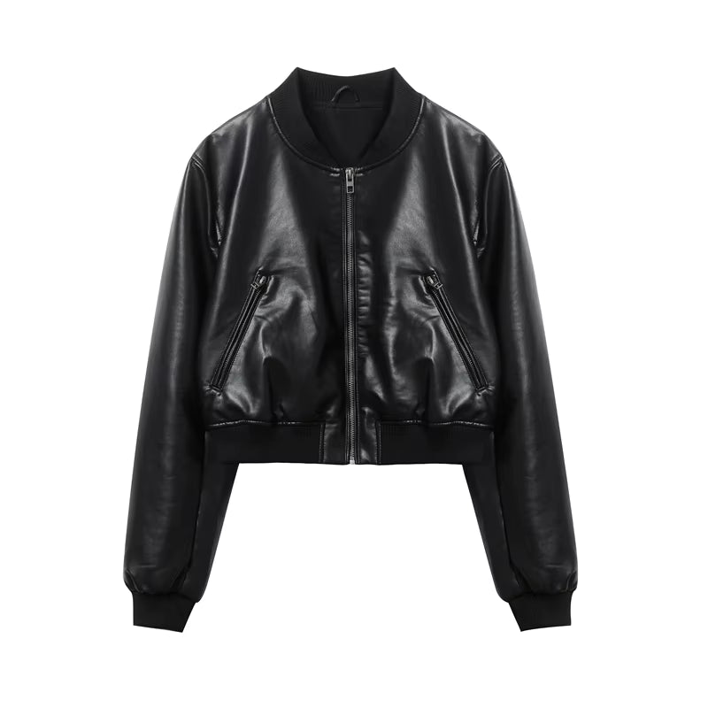 2025 Women'S New Vintage Imitation Leather Bomber Jacket Coat Top Women'S Style