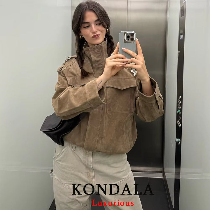 Chic Suede Women Bomber Jacket Women Long Sleeve Pockets Straight Loose Coat Fashion 2025 Fall Winter Streetwear Outwear
