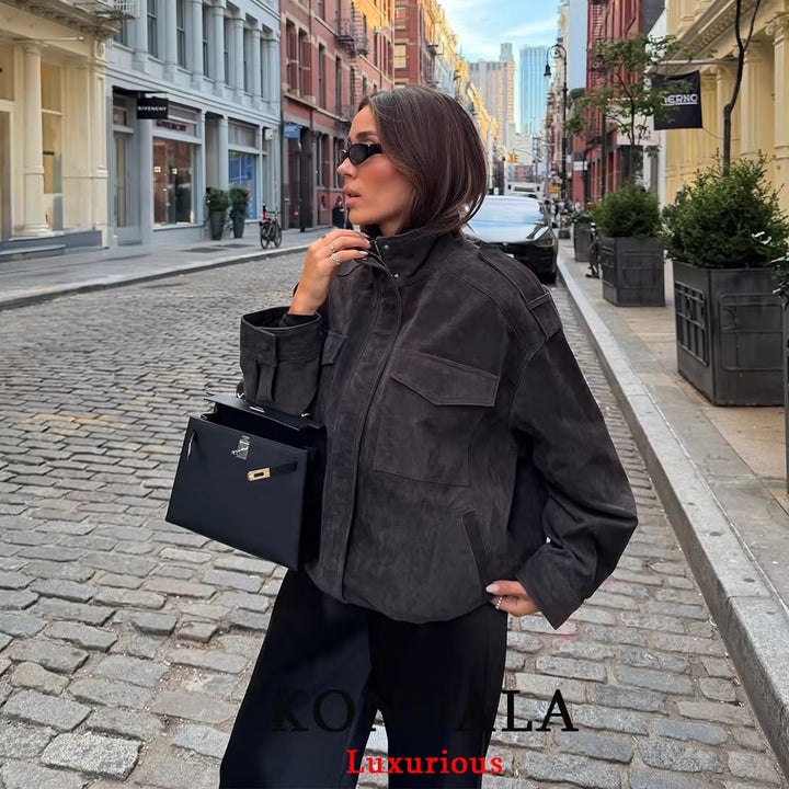Chic Suede Women Bomber Jacket Women Long Sleeve Pockets Straight Loose Coat Fashion 2025 Fall Winter Streetwear Outwear