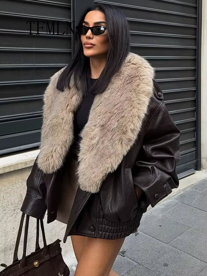 TFMLN 2025 Winter Women Loose Faux Leather Jacket Fashion Removed Big Fur Collar Causal Coat High Street Double Breasted Outwear