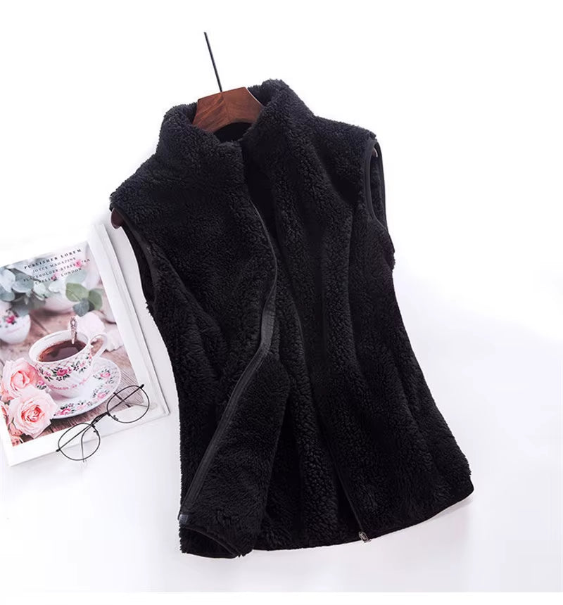 2023 Autumn Winter Polar Fleece Vest Women Coat High Collar Zipper Sleeveless Jacket Warm Coral Velvet Vest Female Waistcoat 4XL