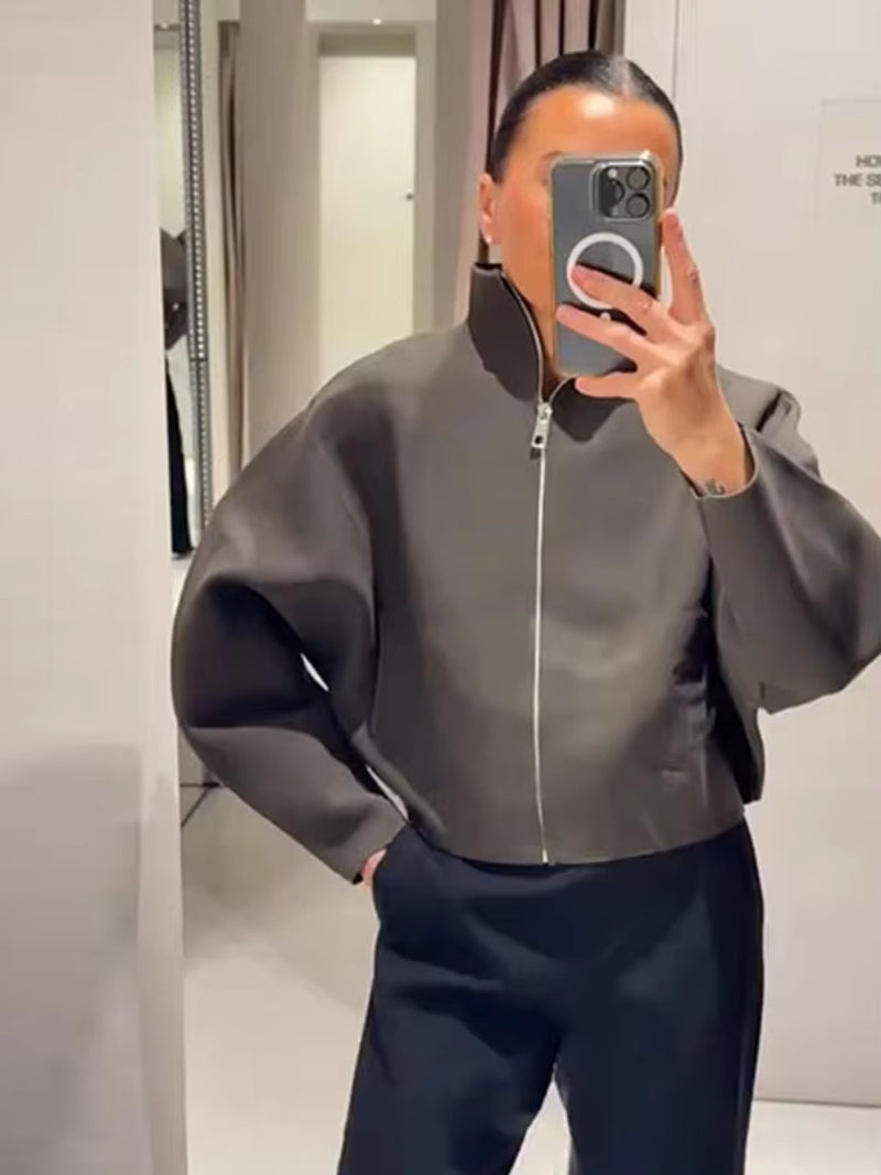 Y2K Stand Collar Zipper Knitted Bomber Jacket Women Elegant Long Sleeve Coat Female High Street Chic 2026 Spring Lady Outerwear