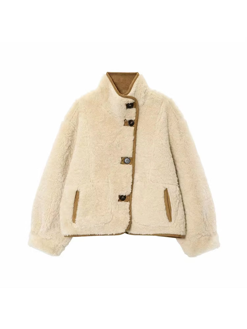 Women 2025 Double-Sided Wear Lamb Velvet Coat Women'S Fashion Stand Collar Single Breasted Pocket Short Jacket Lady Outerwear