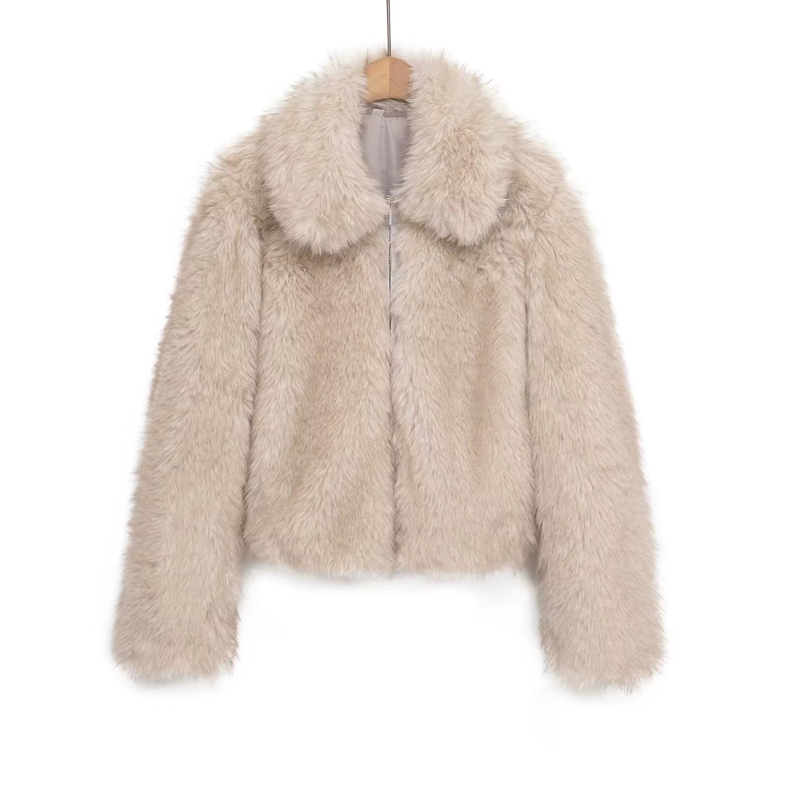Minimalist Women Winter Eco Fur Outwear Khaki Lapel Collar Zipper Female Faux Fur Coat Instagram-Style Mink Fur Jacket for Lady