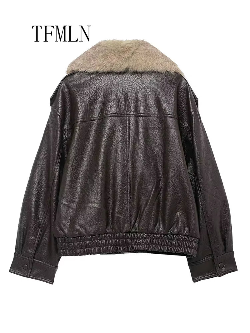 TFMLN 2025 Winter Women Loose Faux Leather Jacket Fashion Removed Big Fur Collar Causal Coat High Street Double Breasted Outwear