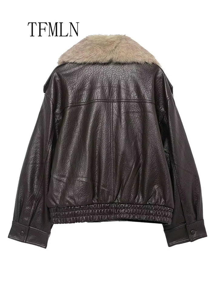 TFMLN 2025 Winter Women Loose Faux Leather Jacket Fashion Removed Big Fur Collar Causal Coat High Street Double Breasted Outwear