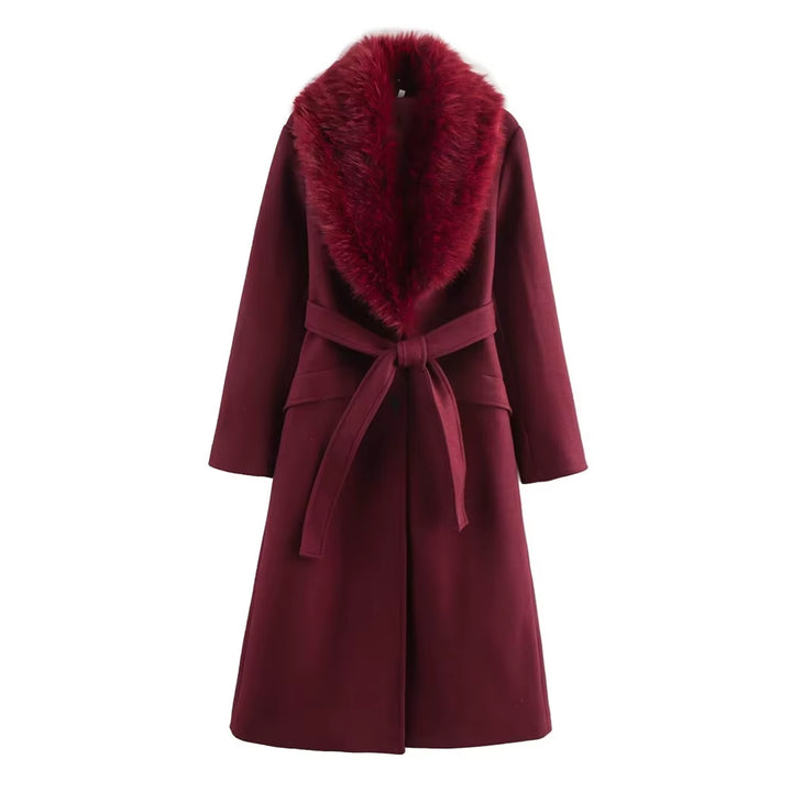 Women'S Lapel Single Breasted Fur Collar Coat Jacket Belt Decoration Autumn and Winter New Women'S Clothing