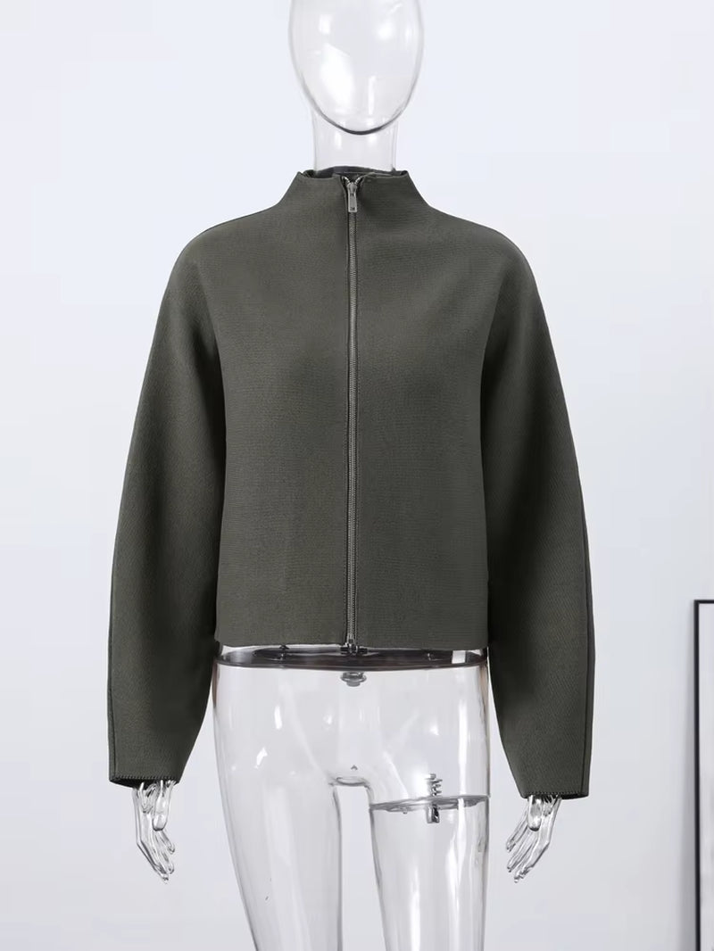 Y2K Stand Collar Zipper Knitted Bomber Jacket Women Elegant Long Sleeve Coat Female High Street Chic 2026 Spring Lady Outerwear