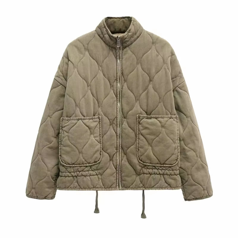 ZW Women'S Cotton Jacket 2025 New Arrival Vintage Lenzing Rayon High Collar Large Pocket Decorative Quilted Coat for Women